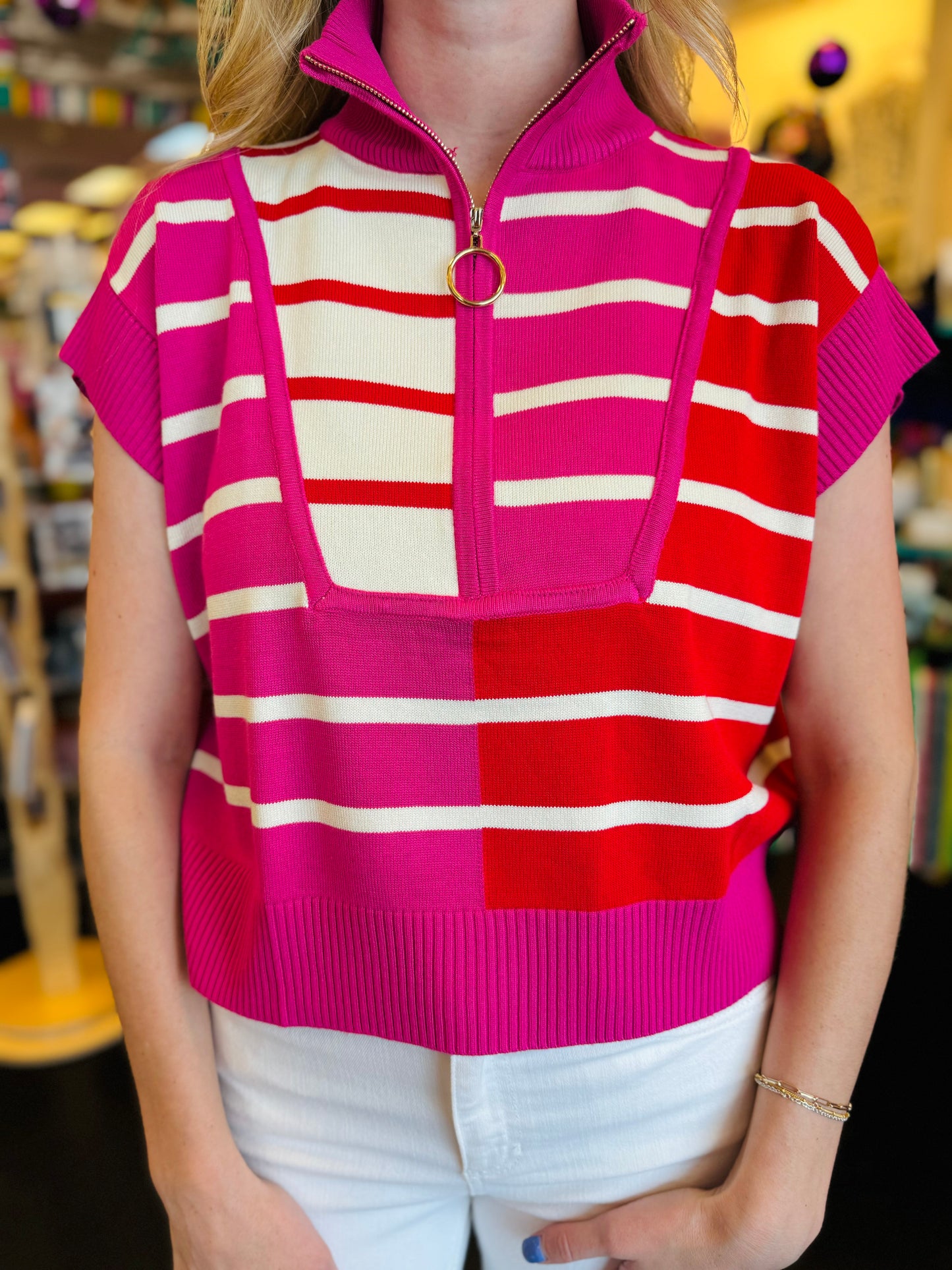 Pink Colorblock Stripe Printed Top