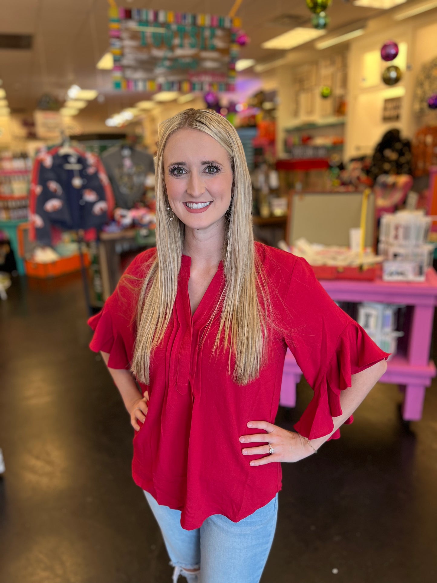 Red Ruffled Bell Sleeve Top