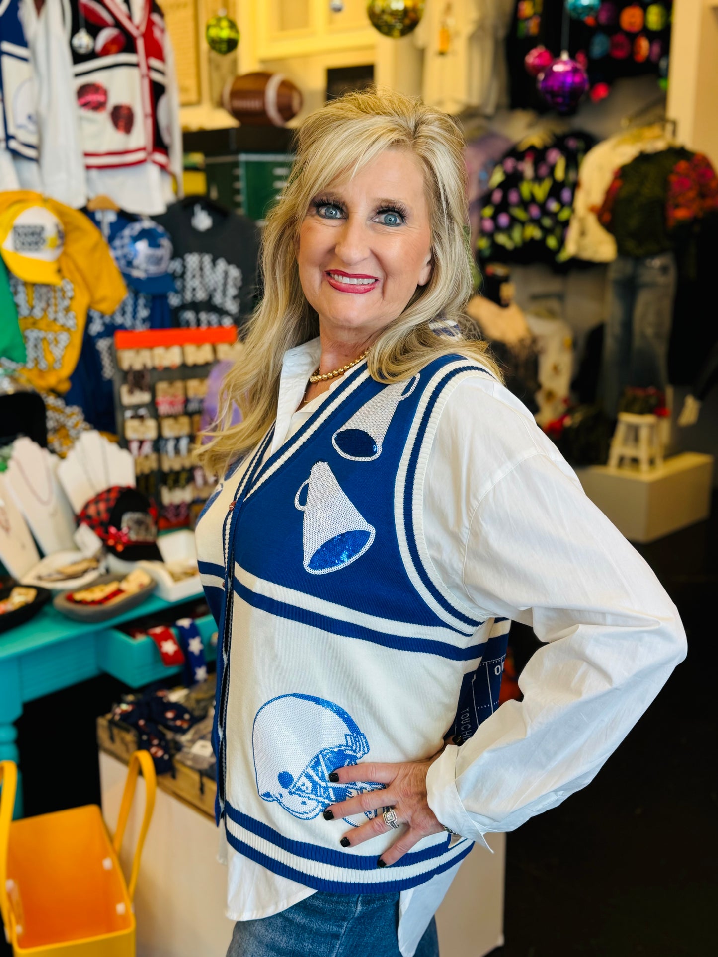 Queen Of Sparkles Blue & White Football Vest