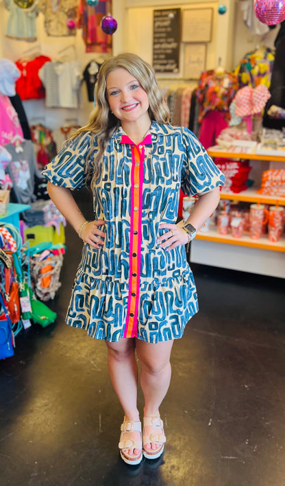 Geo Navy Puff Sleeve Dress