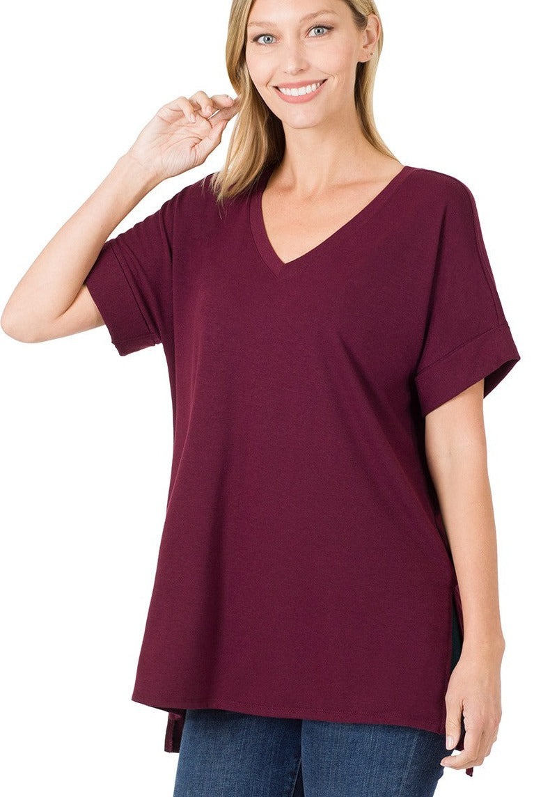 Burgundy Rolled Sleeve V-Neck Top