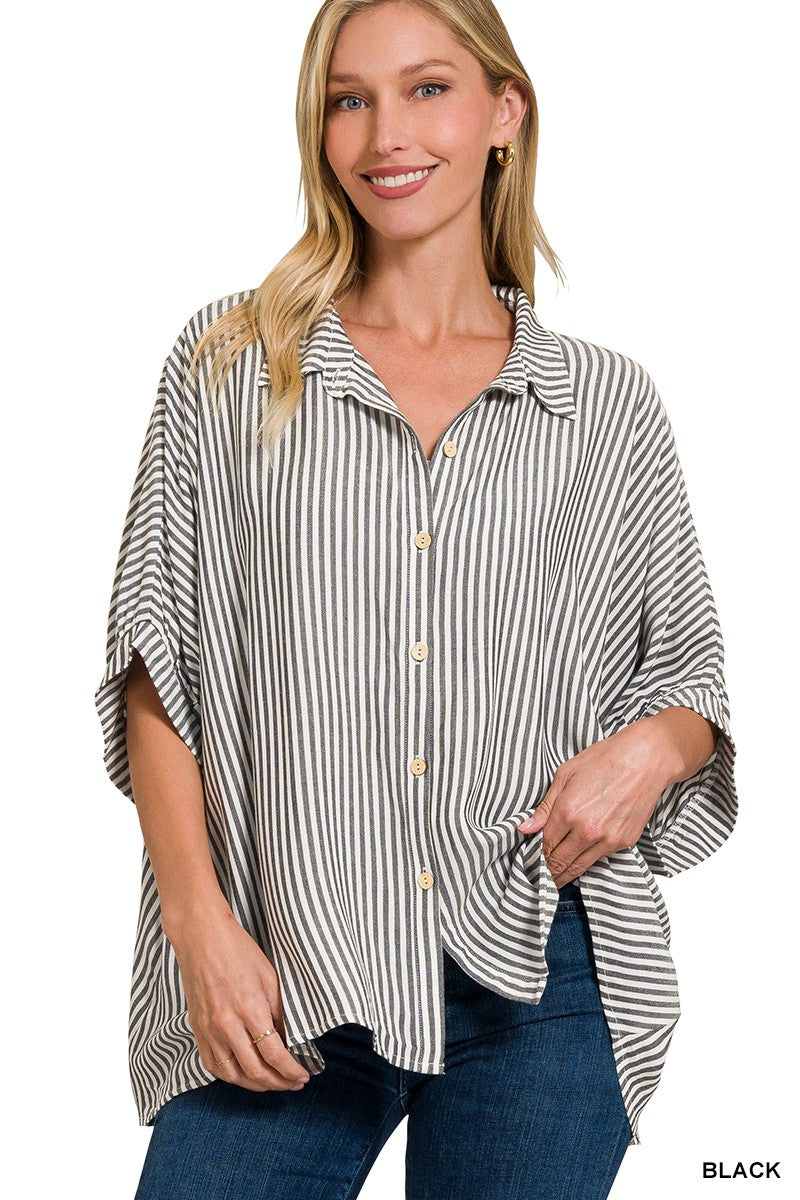 Black Striped Button-Up Top