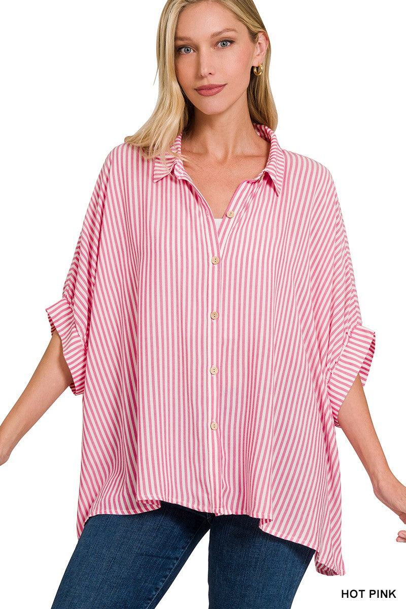 Hot Pink Striped Button-up Top