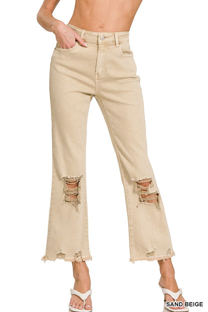 Sand Beige Cropped Frayed Jeans