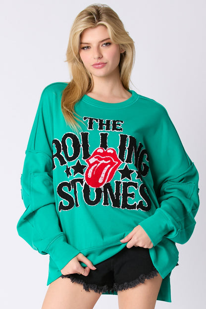 Teal Rolling Stones Embroidered Sweatshirt