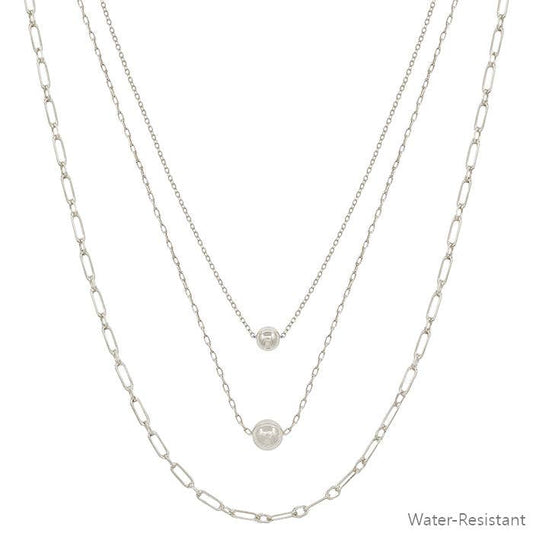 Triple Chain Silver Ball Layered Necklace (Water Resistant)