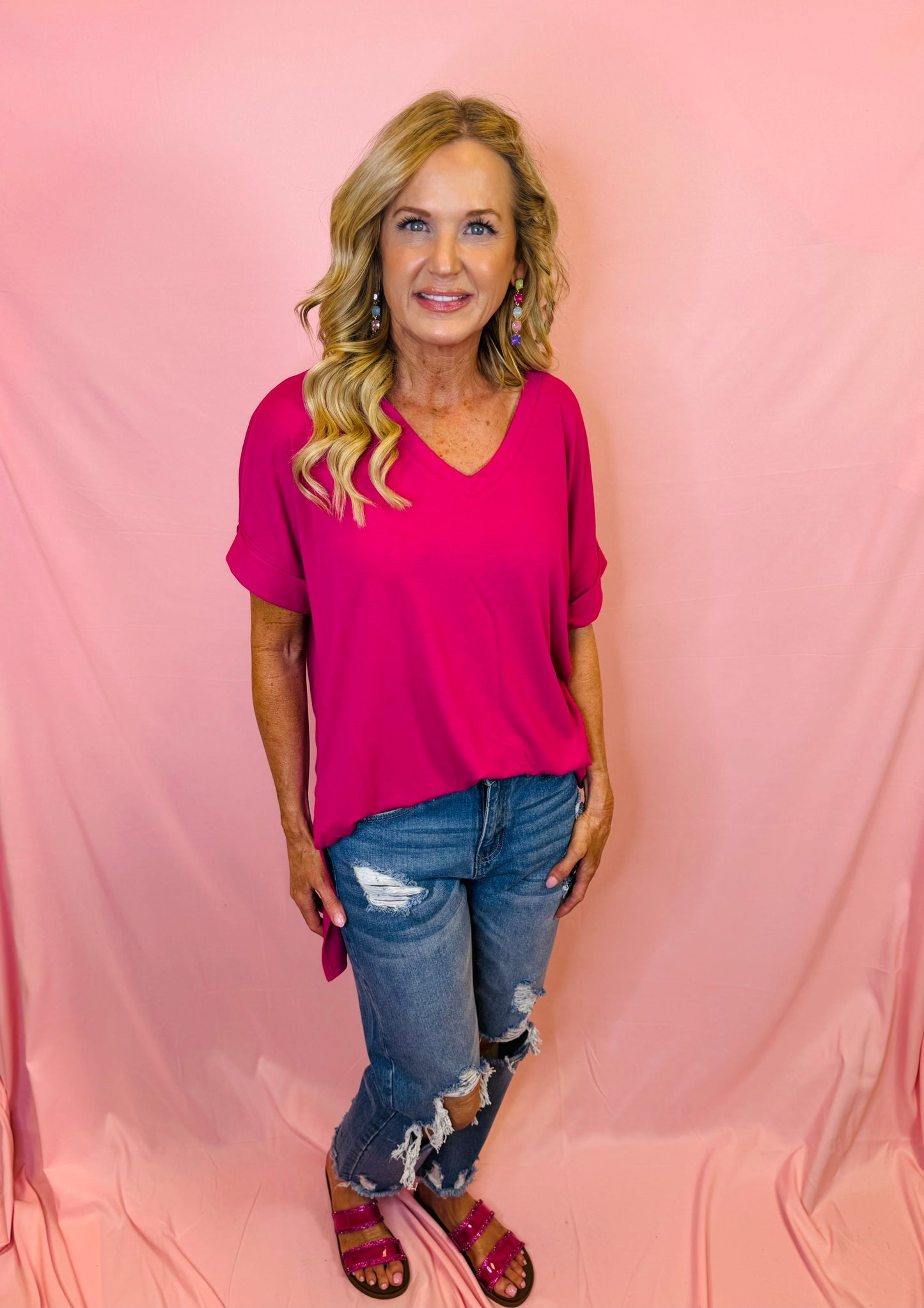 Magenta Rolled Sleeve V-Neck Top