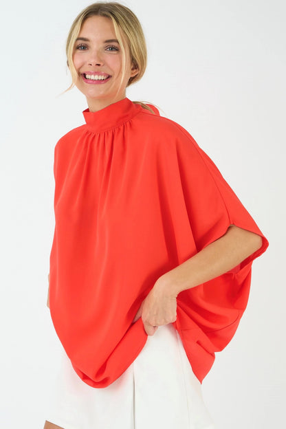 Tie Back Batwing Sleeve Solid Top - Orange