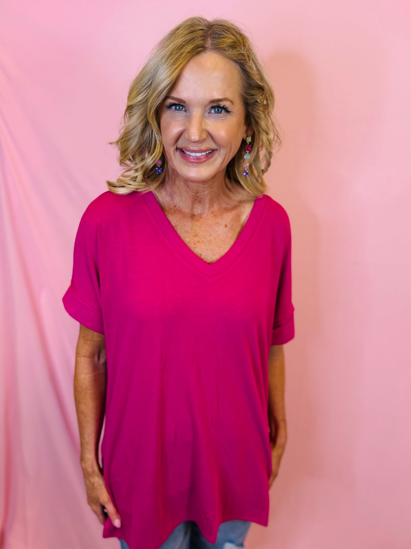 Magenta Rolled Sleeve V-Neck Top