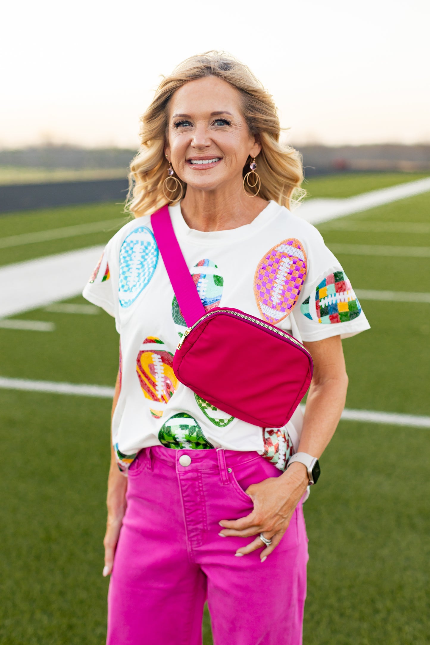 Queen Of Sparkles White Groovy Scattered Football Tee