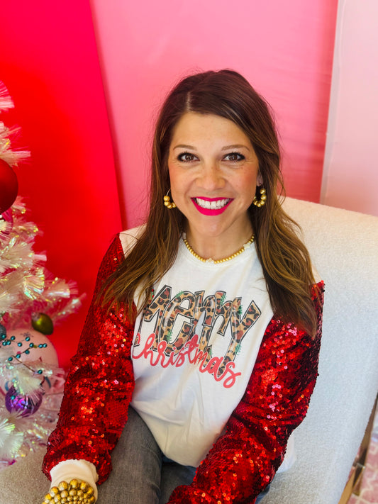 Merry Christmas Red Sequin Sleeve Top