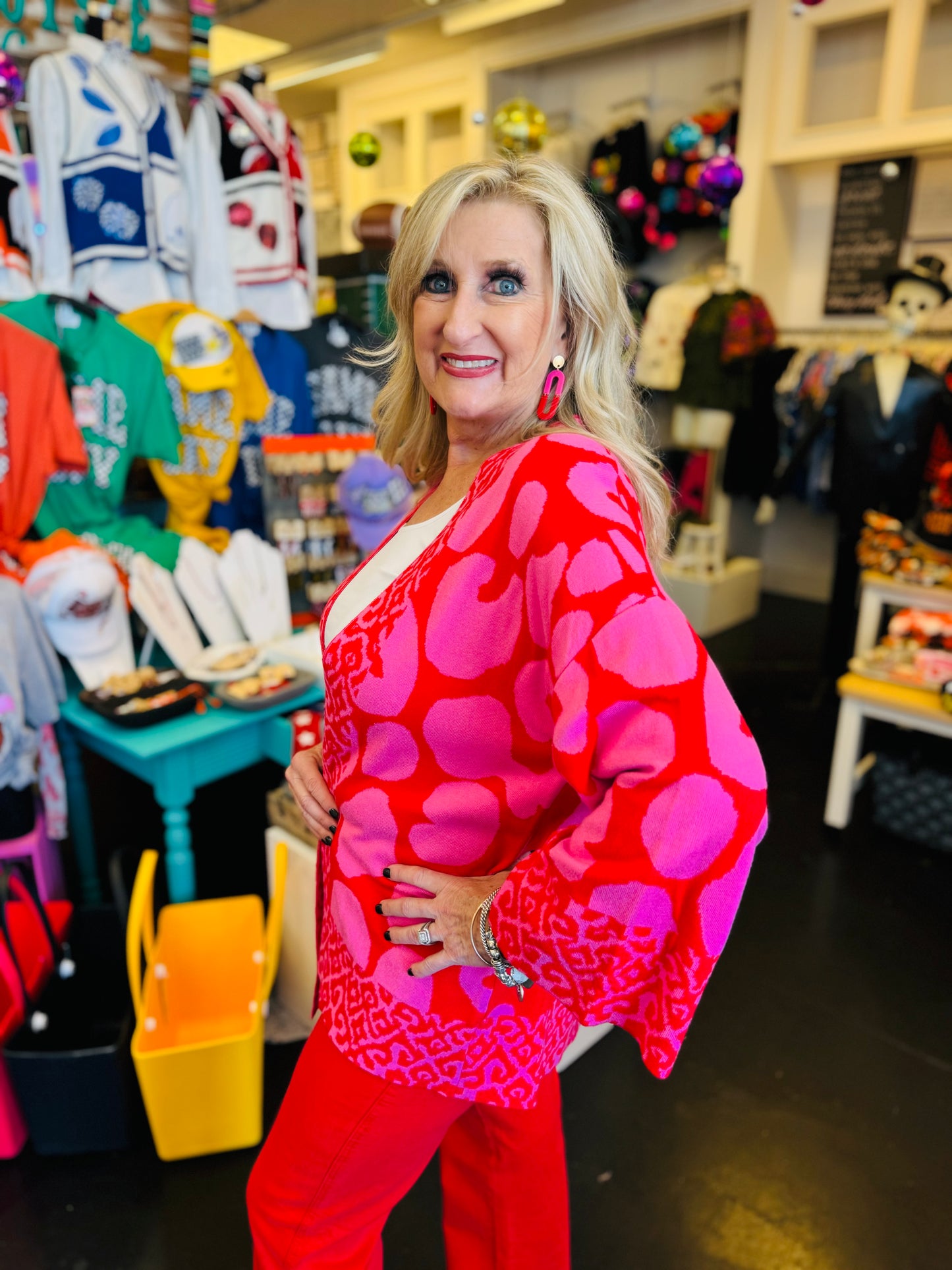 Pink & Red Abstract Print Cardigan