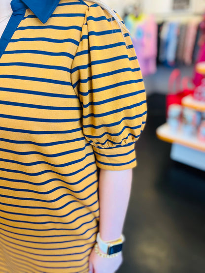 Camel Blue Striped Pocket Dress