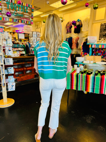 Green Colorblock Strip Printed Top