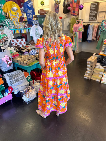 Orange Floral Flutter Sleeve Dress