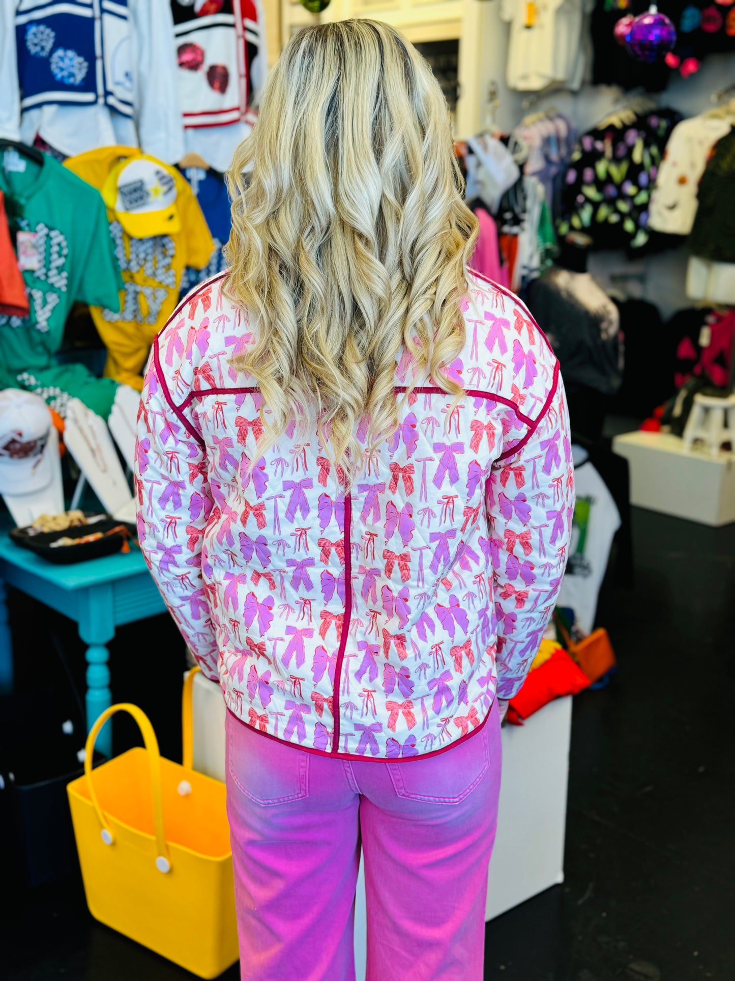 Pink Multi Bow Print Snap Button Jacket