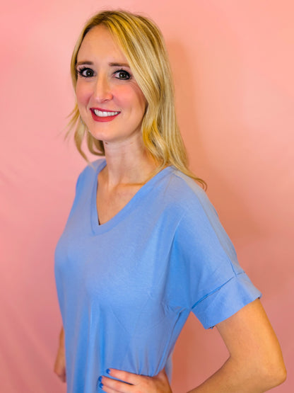 Spring Blue Rolled Sleeve V-Neck Top