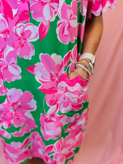 Pink & Green Floral Print Mini Dress