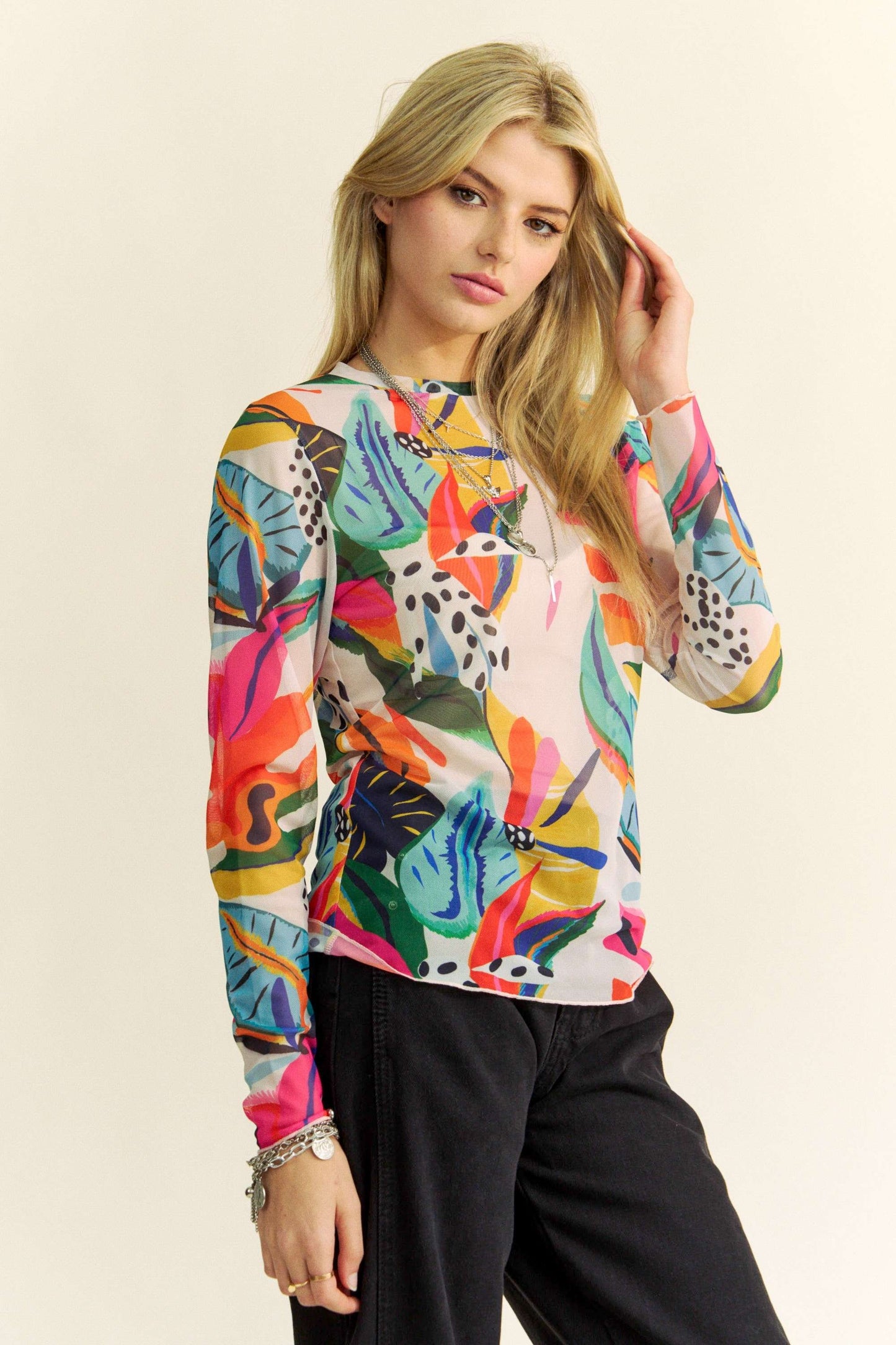 Tropical Mesh Long Sleeve Top