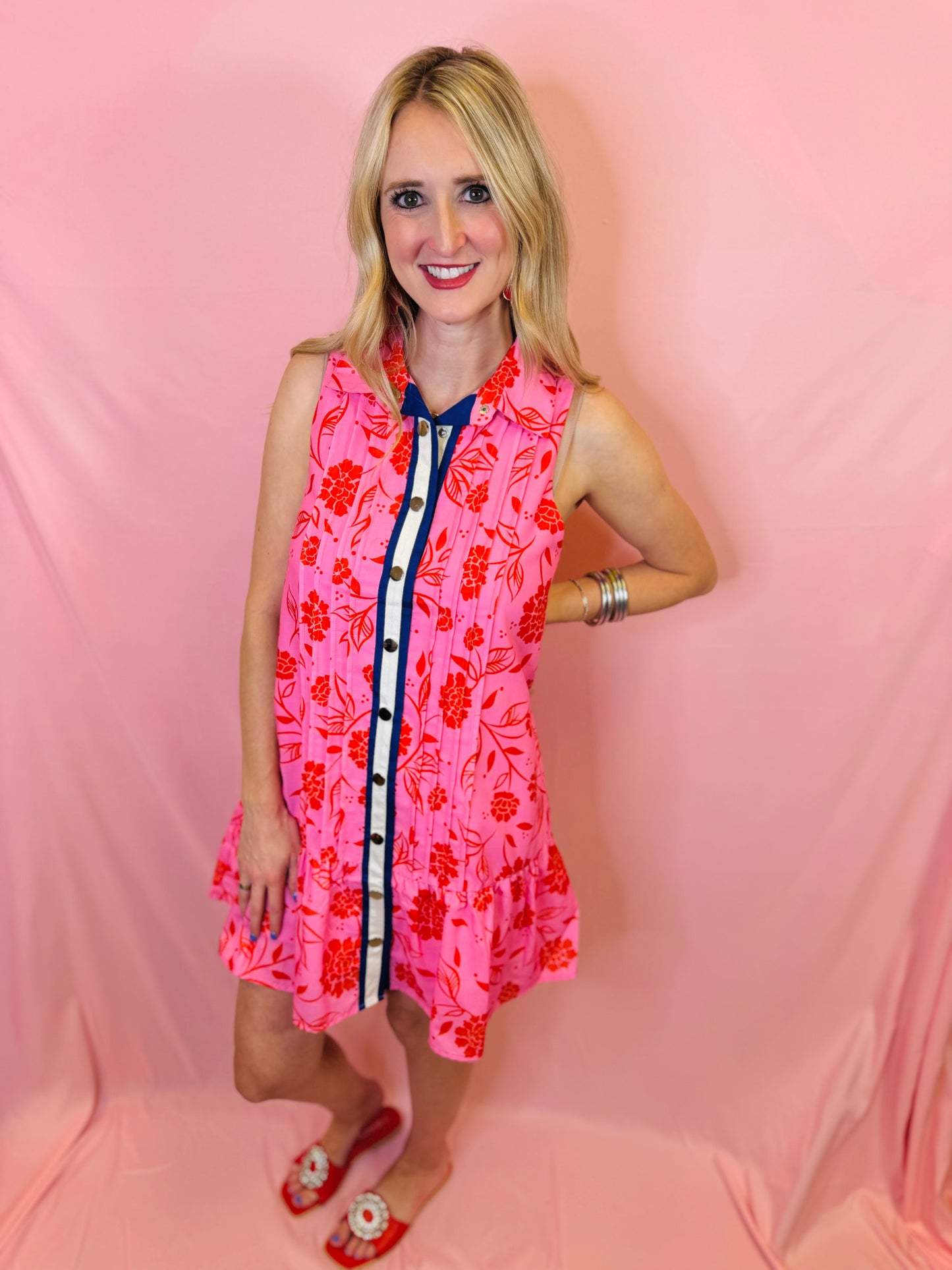 Pink Flower Button Up Dress