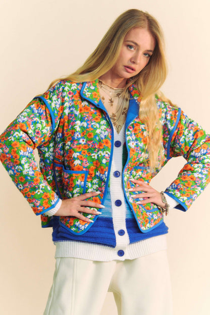 Deep Blue Quilted Floral Jacket