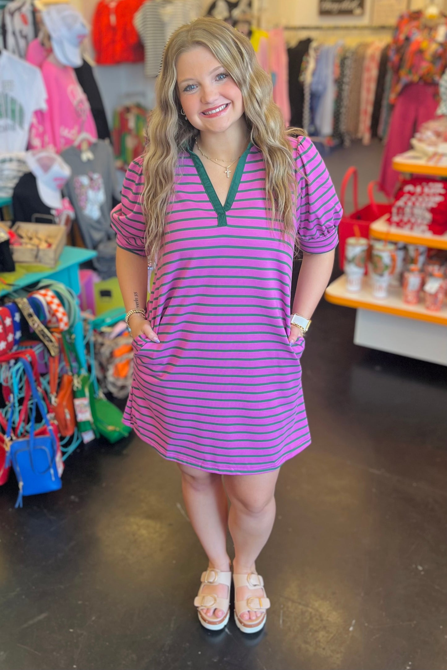 Orchid Green Striped Pocket Dress