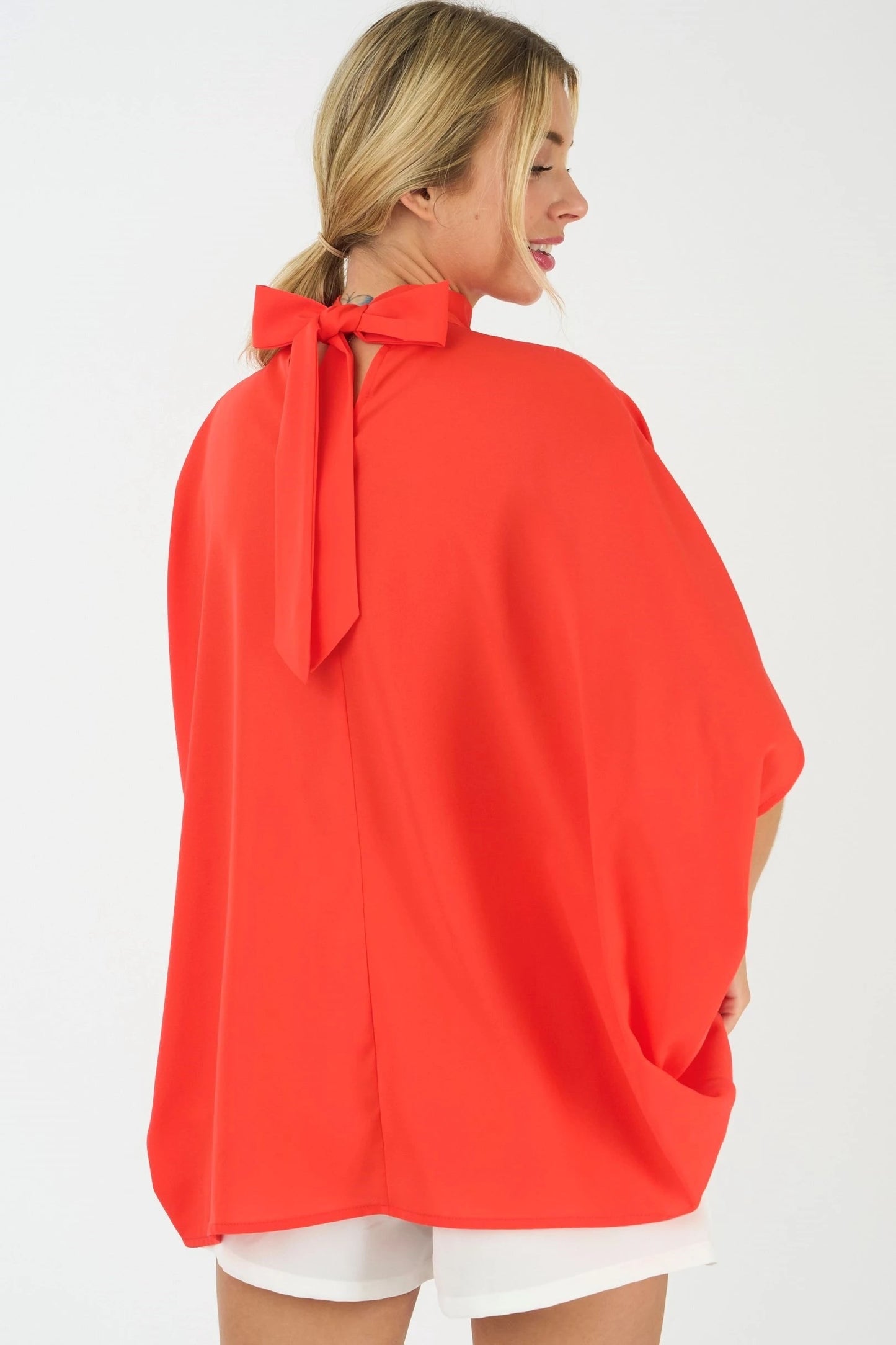 Tie Back Batwing Sleeve Solid Top - Orange