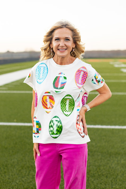 Queen Of Sparkles White Groovy Scattered Football Tee