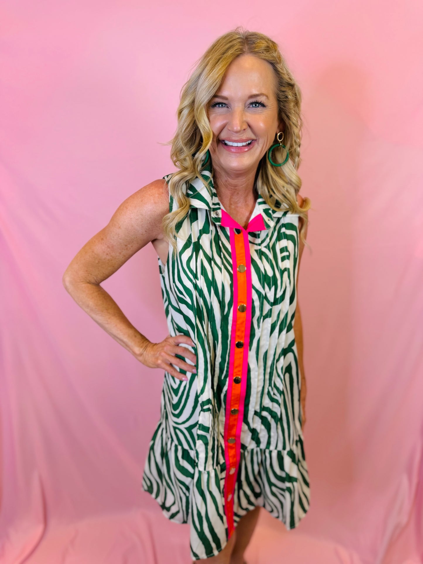 Green Zebra Button Up Dress