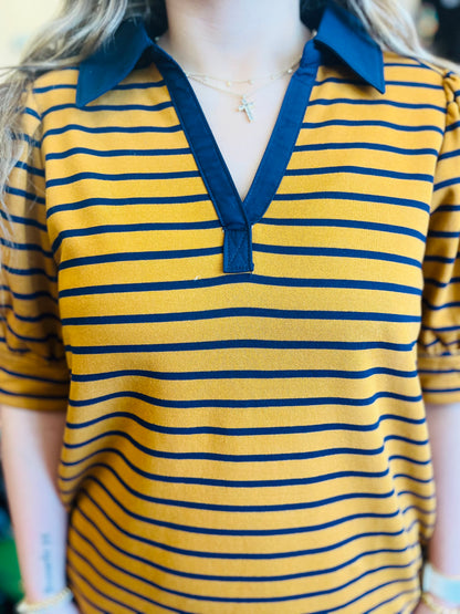 Camel Blue Striped Pocket Dress