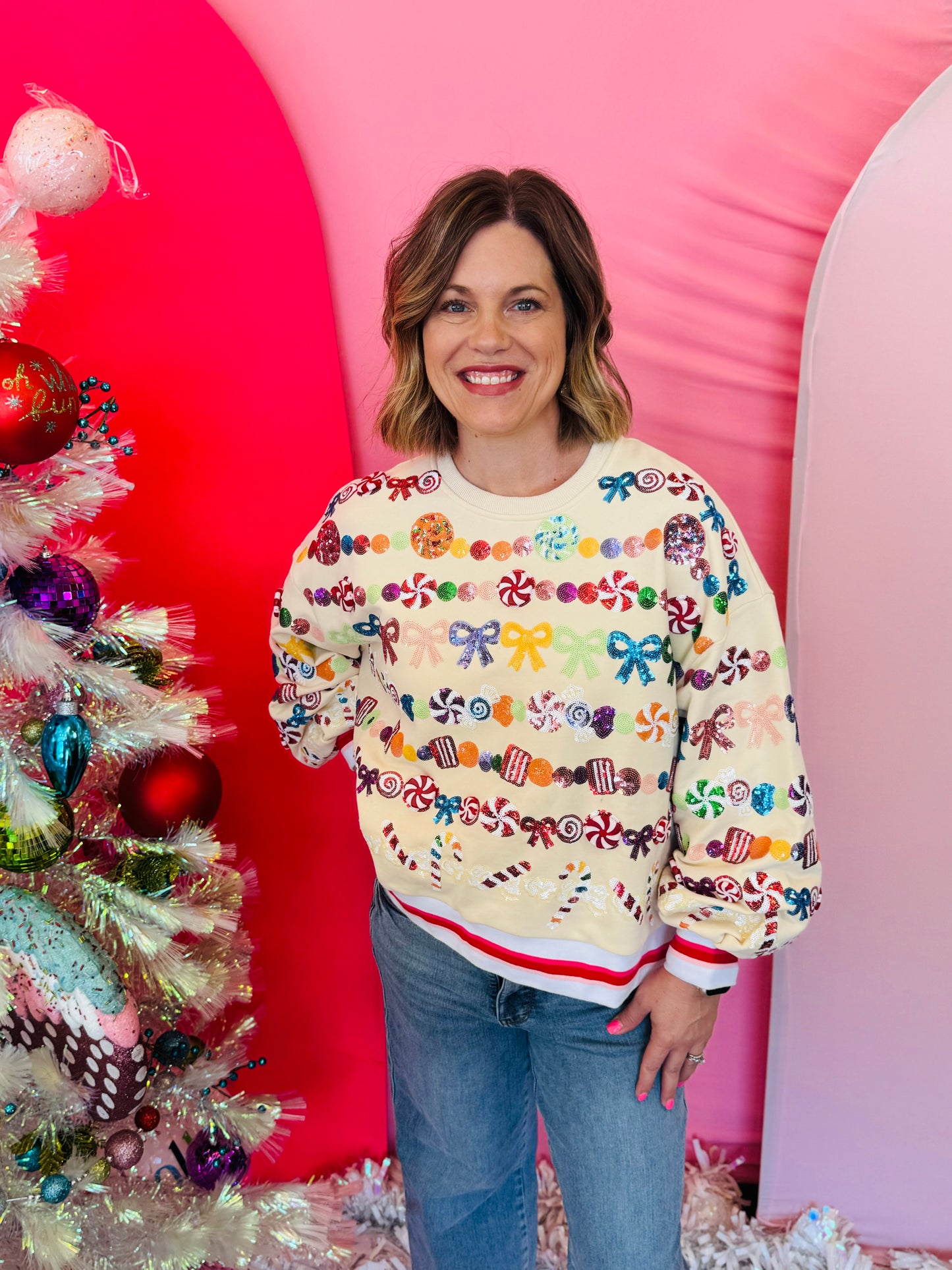 Queen of Sparkles Beige Candy Garland Sweatshirt