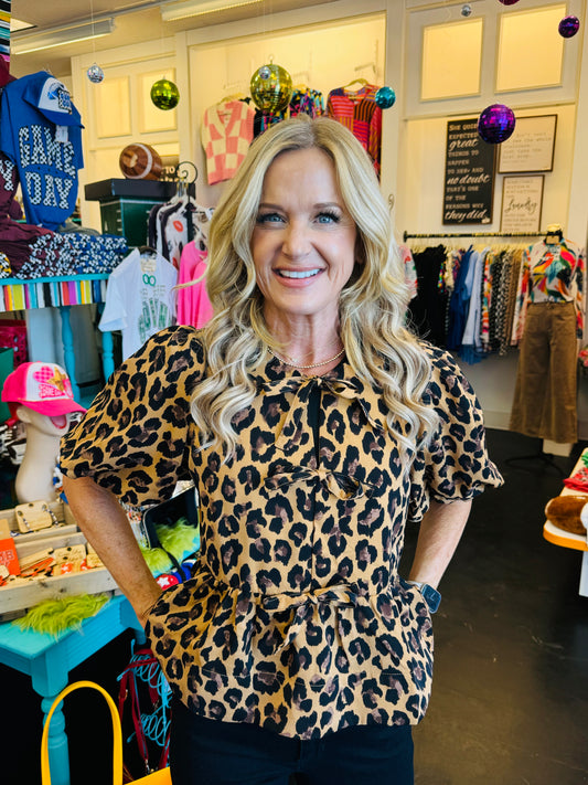 Leopard Bubble Sleeve Top