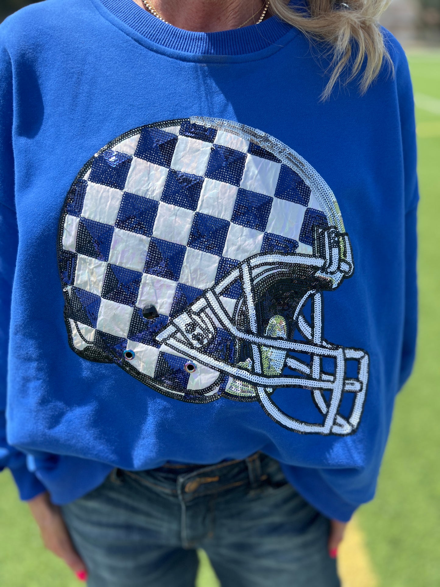 Queen Of Sparkles Royal Blue Checkered Helmet Sweatshirt