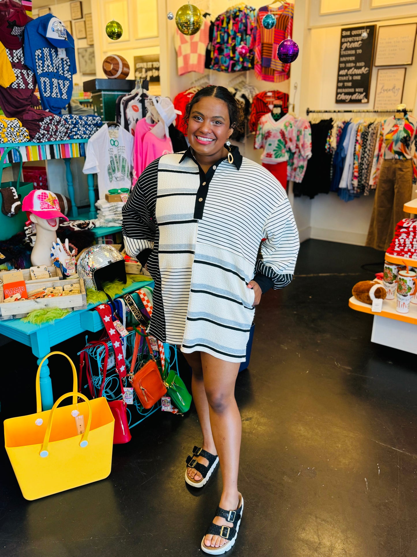 White & Black Mixed Stripe Shirt Dress