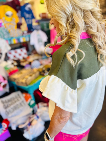 Cream Colorblock Ruffle Sleeve Top