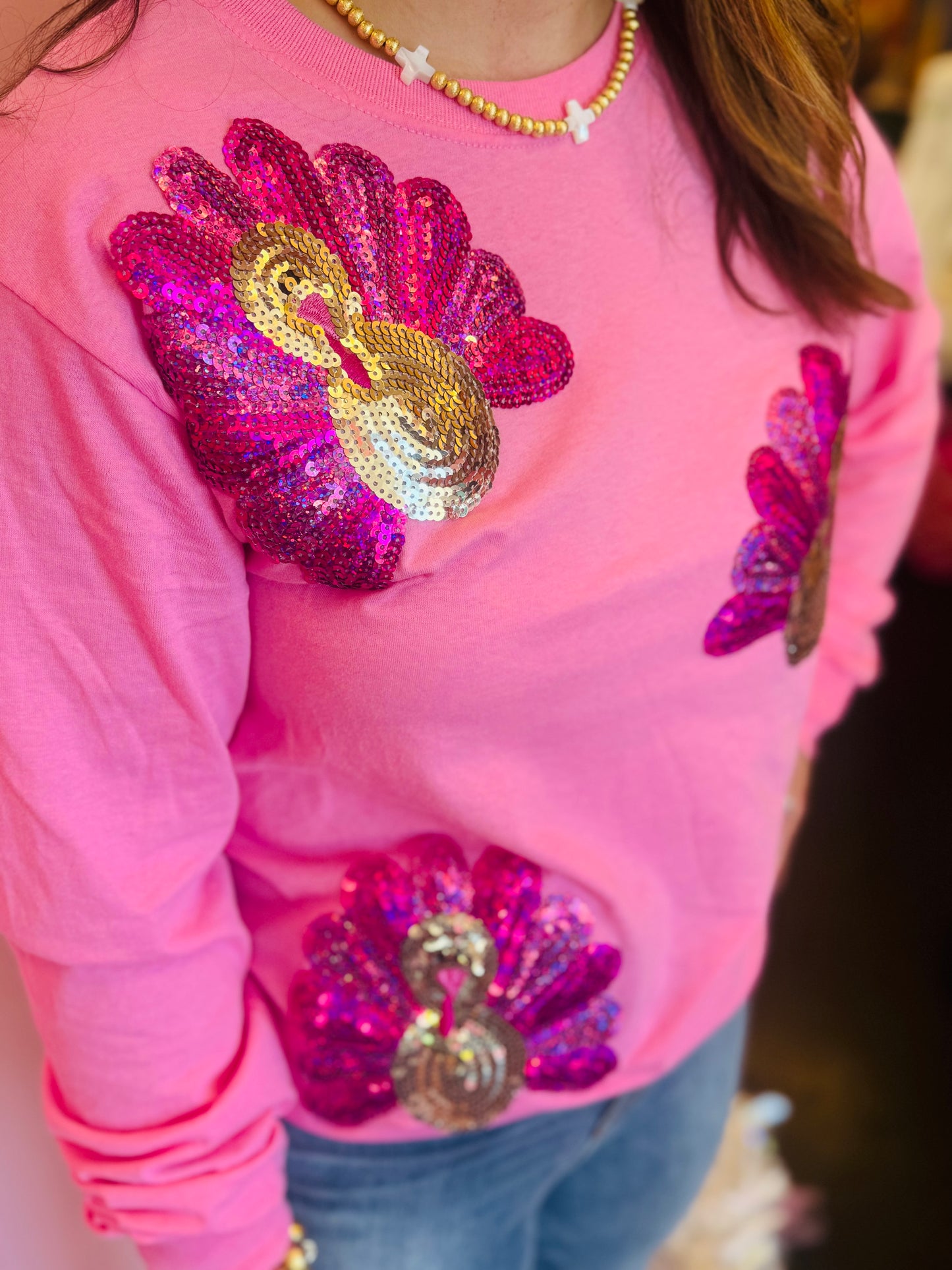 Pink Sequin Turkey Long Sleeve Tee