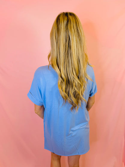 Spring Blue Rolled Sleeve V-Neck Top