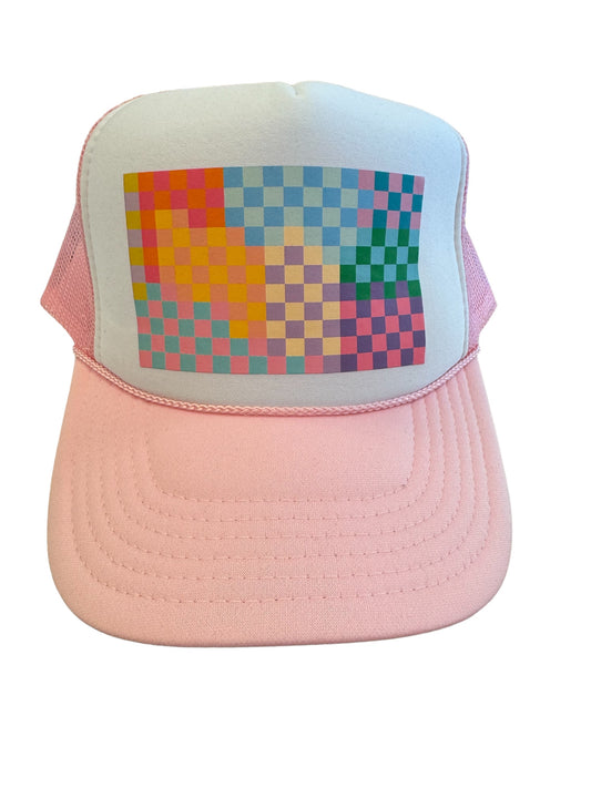 Pink Colorful Checkerboard Trucker Hat