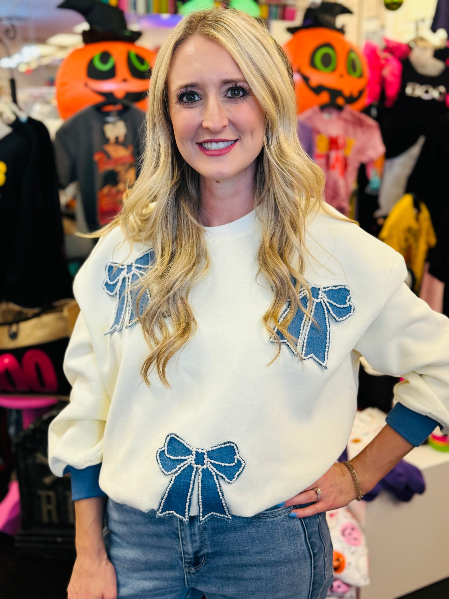 Ivory & Denim Bow Top