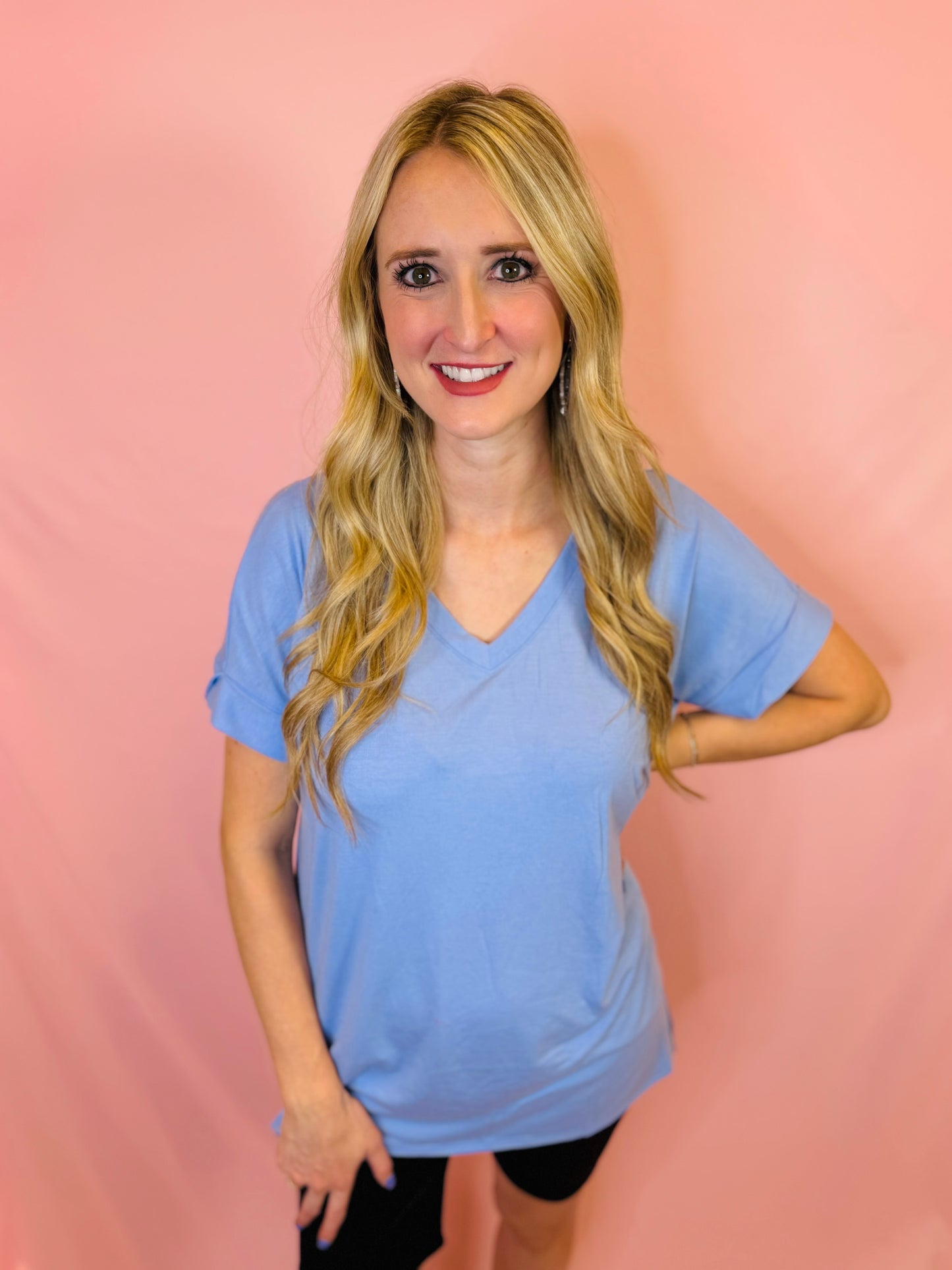 Spring Blue Rolled Sleeve V-Neck Top