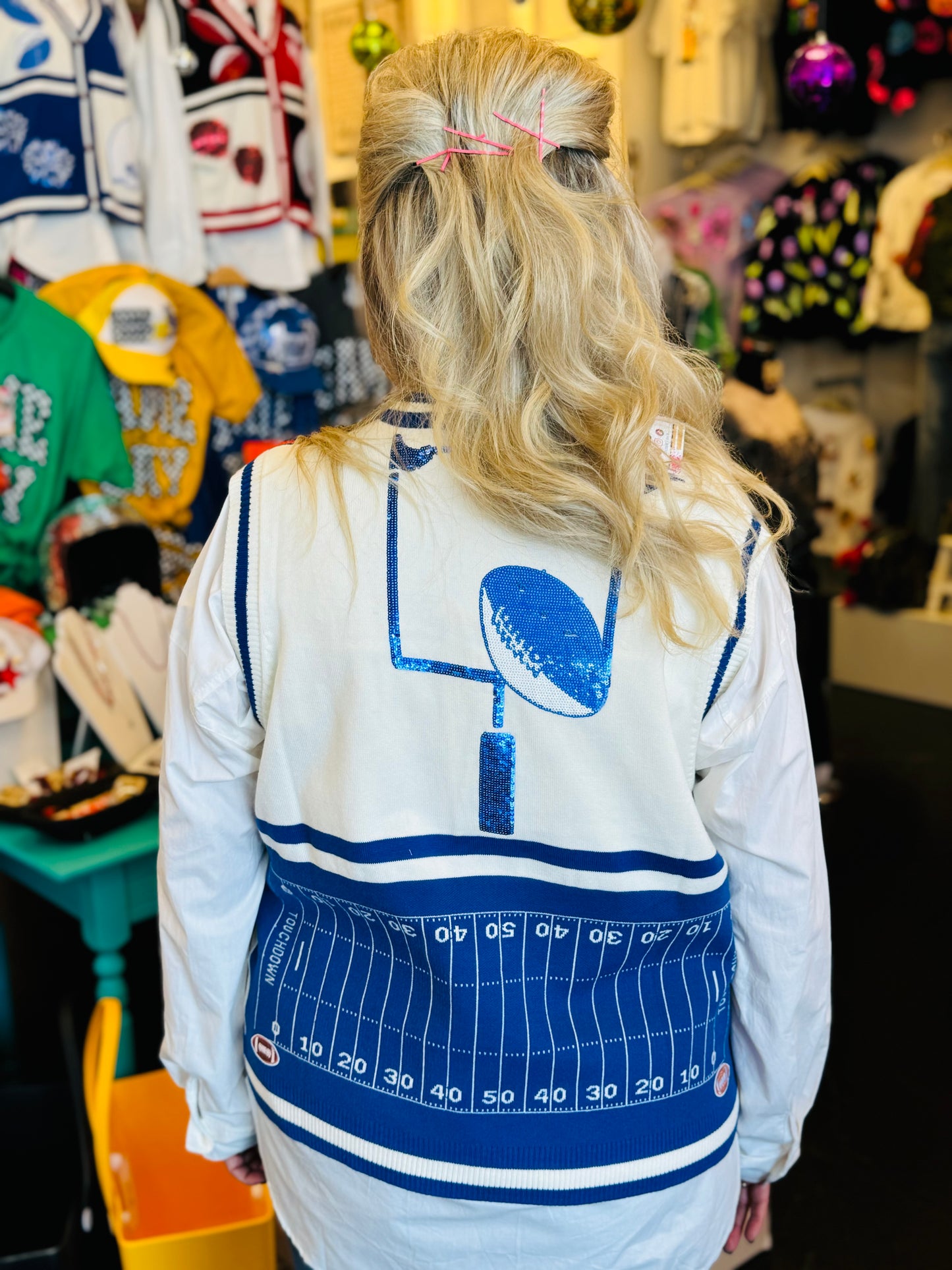 Queen Of Sparkles Blue & White Football Vest