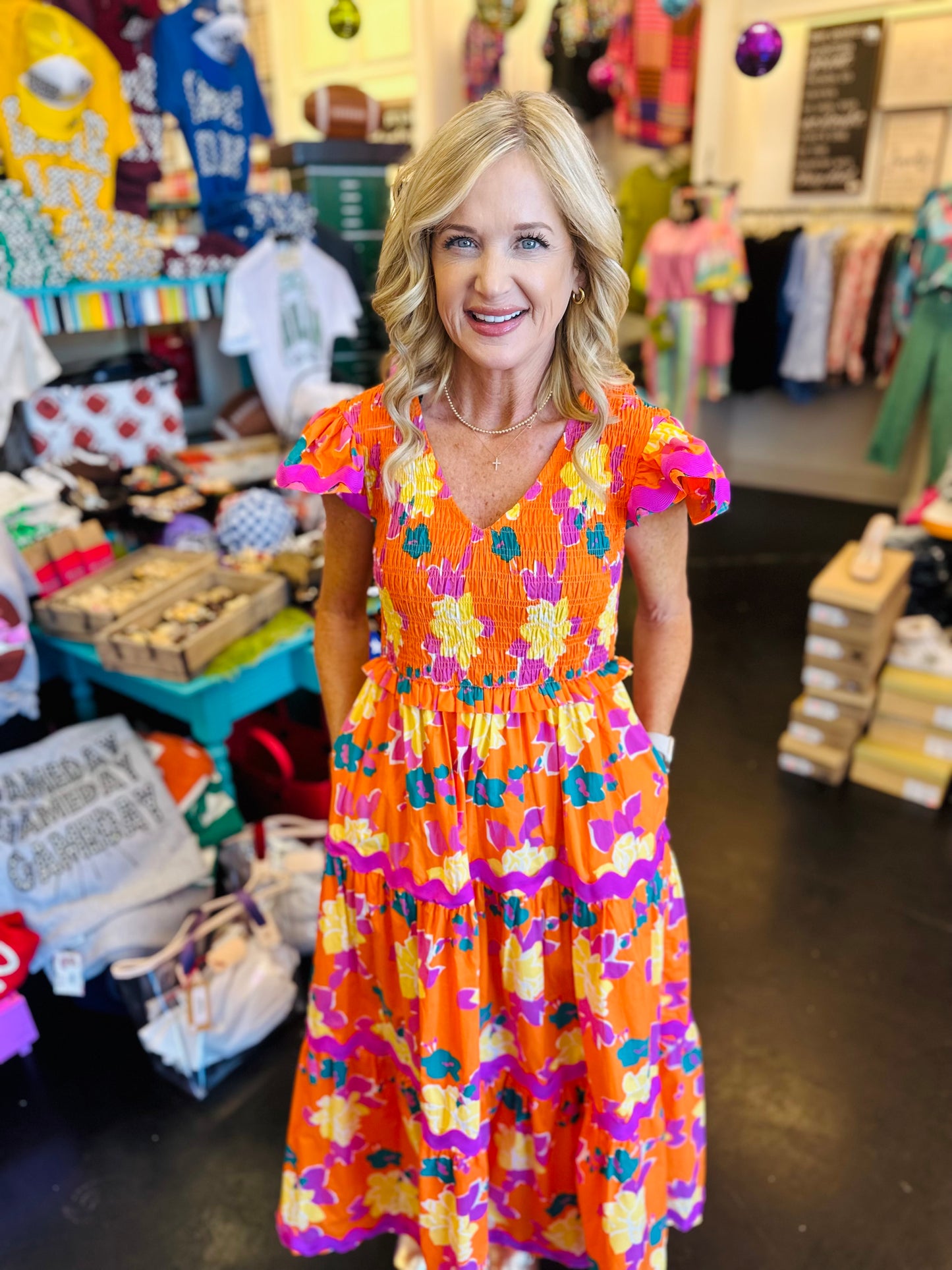 Orange Floral Flutter Sleeve Dress