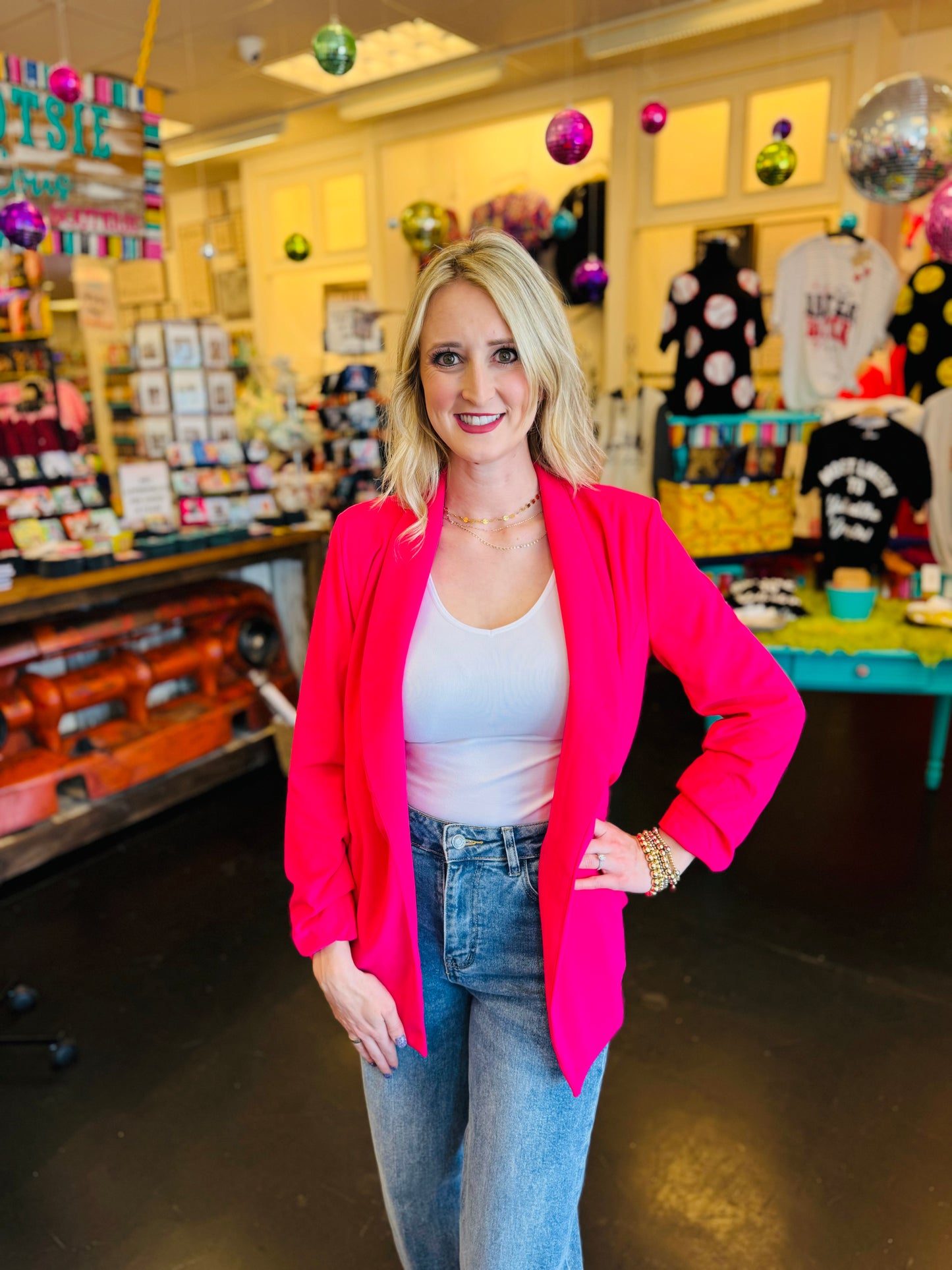 Deep Pink Scrunch Sleeve Blazer