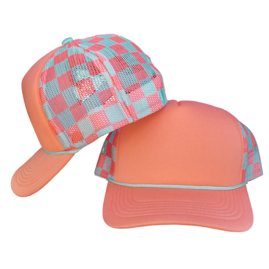 Turquoise & Coral Checkered Mesh Trucker Hat