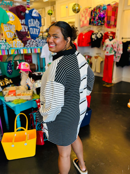 White & Black Mixed Stripe Shirt Dress