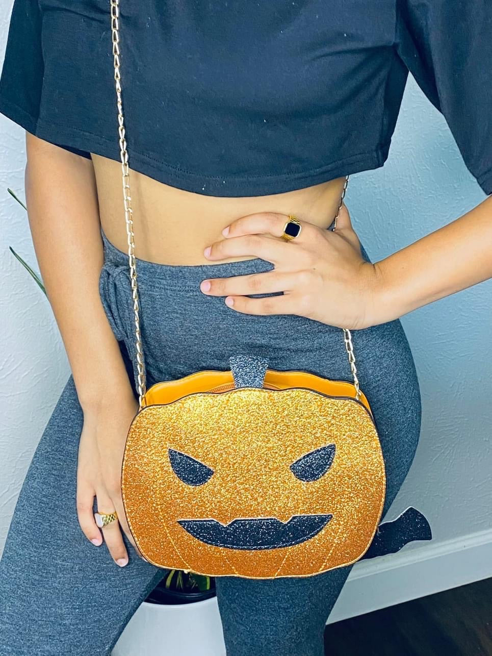 Orange Glitter Pumpkin Crossbody Purse