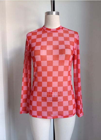 Pink & Red Checkered Mesh Top