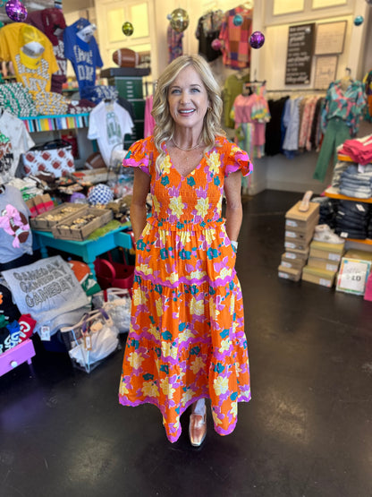 Orange Floral Flutter Sleeve Dress