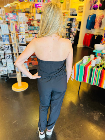 Black Strapless Cargo Jumpsuit