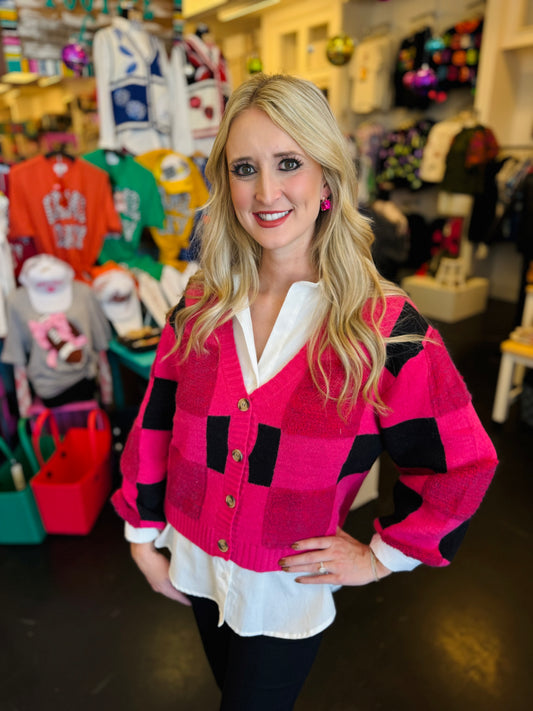 Pink Colorblock Button up Sweater